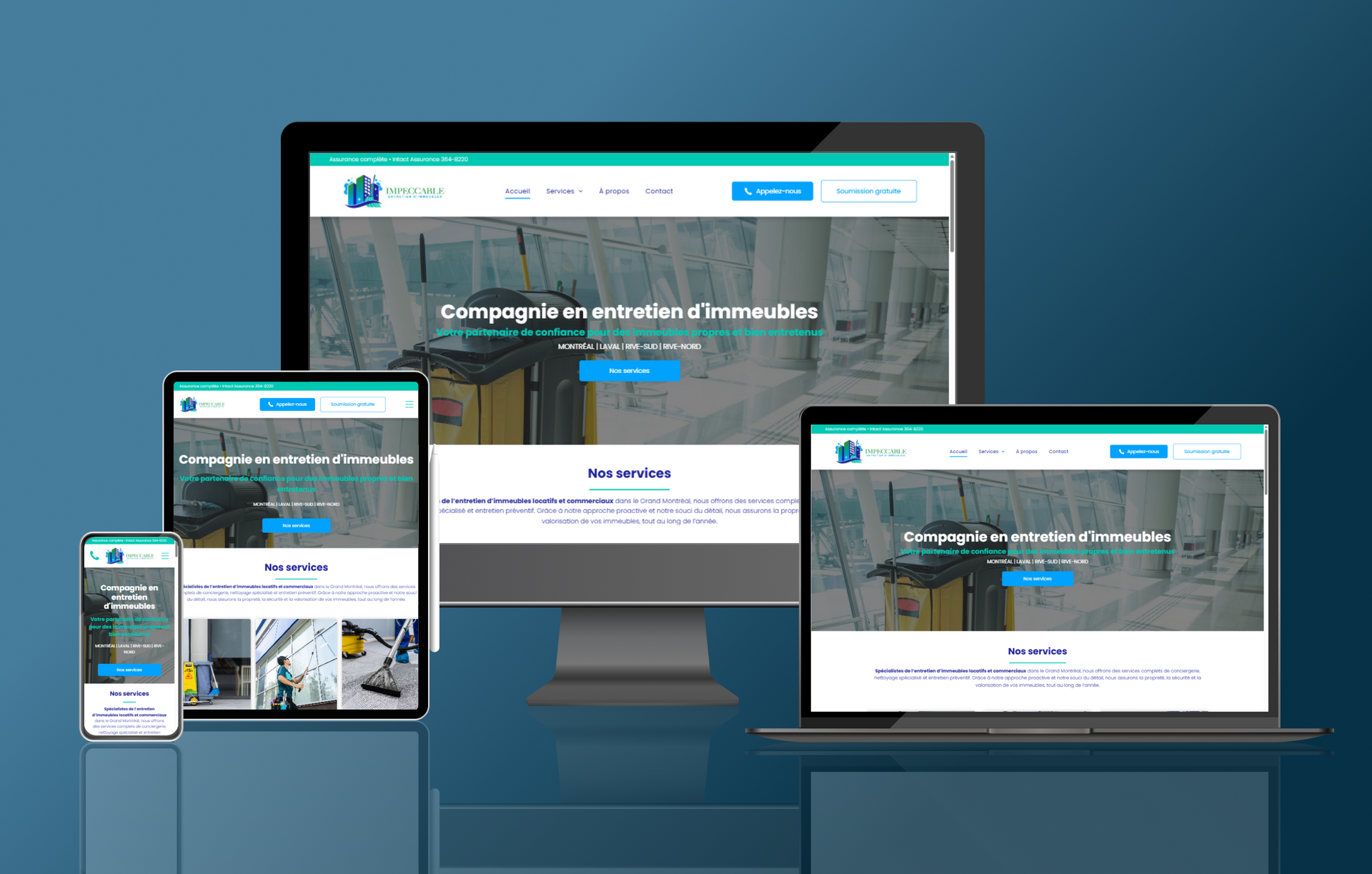 Site web s'affichant sur différents appareils, thème bleu et blanc.