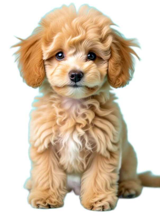 Golden curly-haired puppy sitting, looking at the viewer.