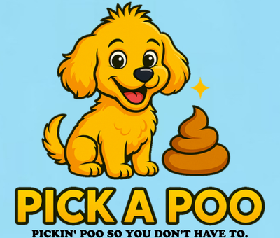 Yellow cartoon puppy sitting next to a brown pile of poop with text 