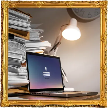 A cluttered desk with a laptop displaying a login screen, illuminated by a lamp, with a large stack of paperwork.