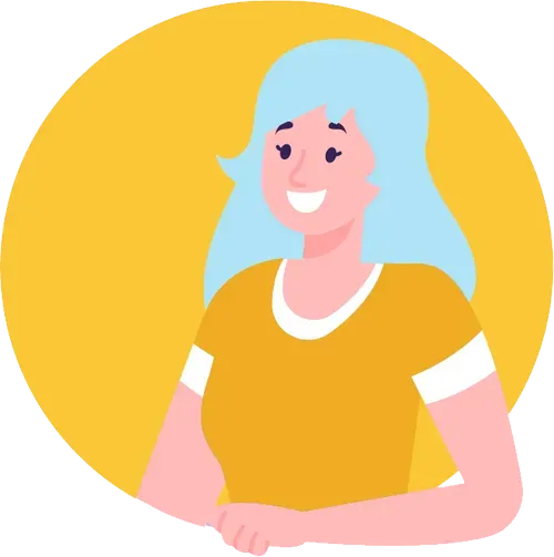Woman with light blue hair smiles, wearing a yellow shirt with white trim, set against a yellow circle background.