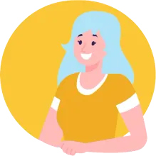 Woman with light blue hair smiles, wearing a yellow shirt with white trim, set against a yellow circle background.