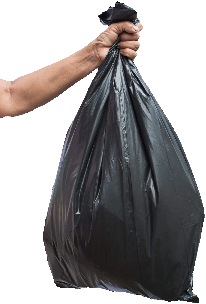 Person holding a black garbage bag. The bag is full and tied at the top.