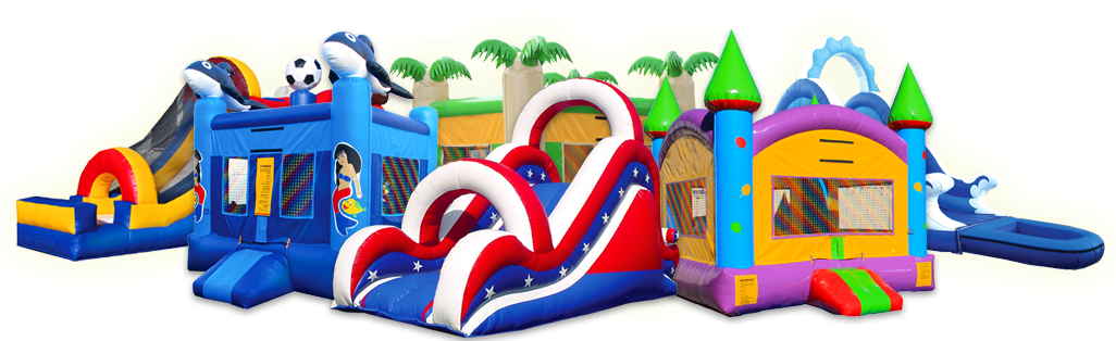 Colorful inflatable obstacle course with slides, tunnels, and bounce houses in blue, red, yellow, and green