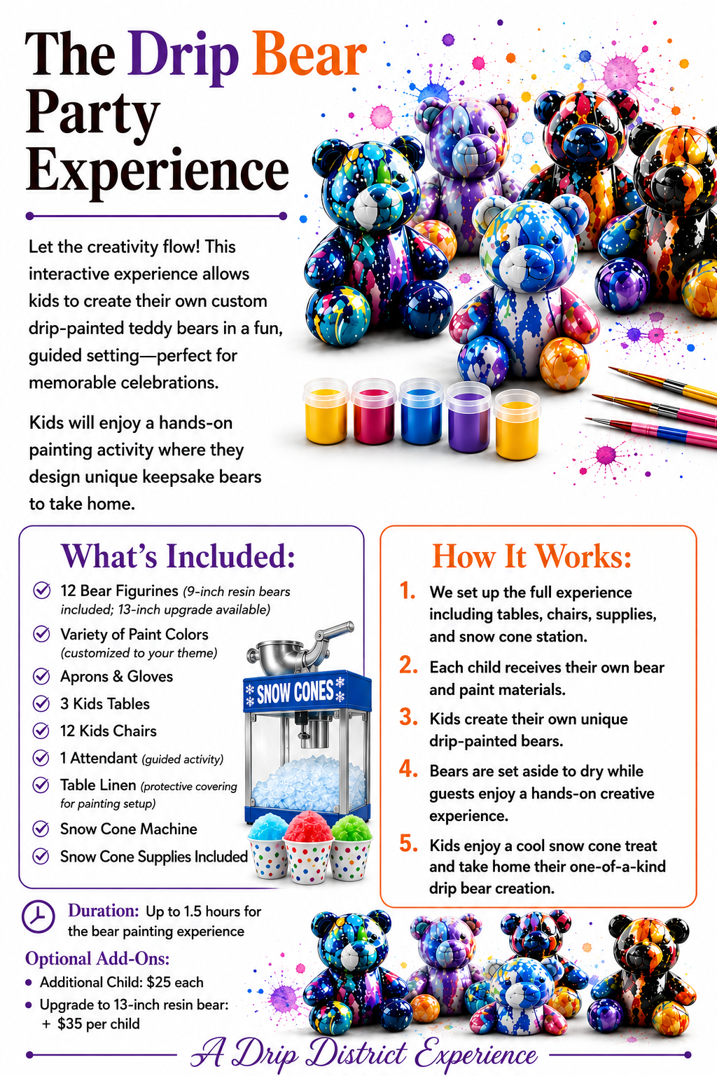 Drip Bear Party Experience flyer with colorful bears, paint cups, and “$550 Package” details