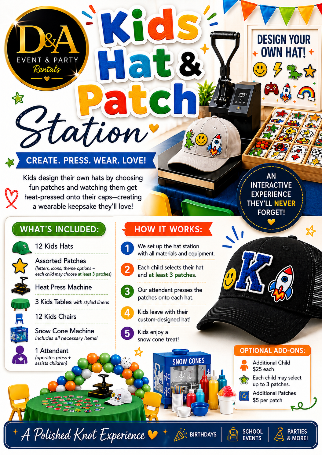 Kids Hat & Patch Station flyer with colorful hat graphic, features list, how-it-works steps, and starting price.