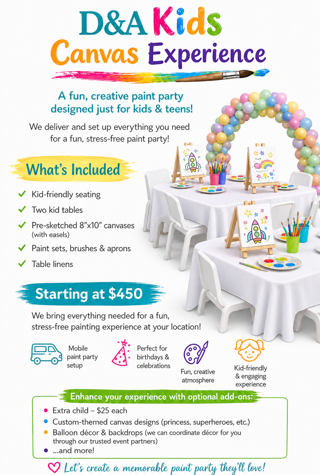 Kids Canvas Painting Experience
Guided painting sessions that allow kids to explore their artistic side in a structured but fun environment. Great for birthdays, school events, or group celebrations.