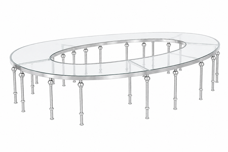 Oval glass table with ornate metal legs on a white background