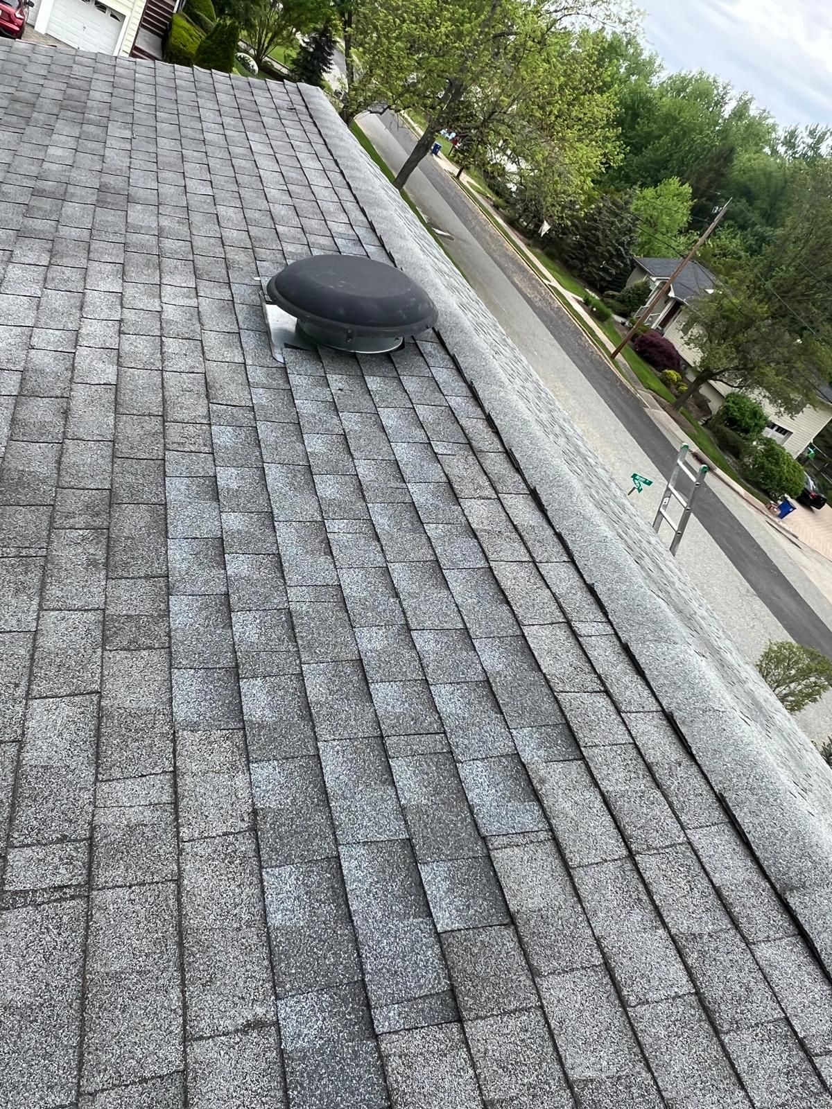 Gray shingle roof with a black vent, street and trees in the background.