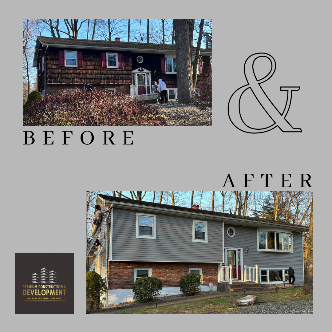 Before and after of a house renovation. Brown house transformed to gray siding and brick with red door.