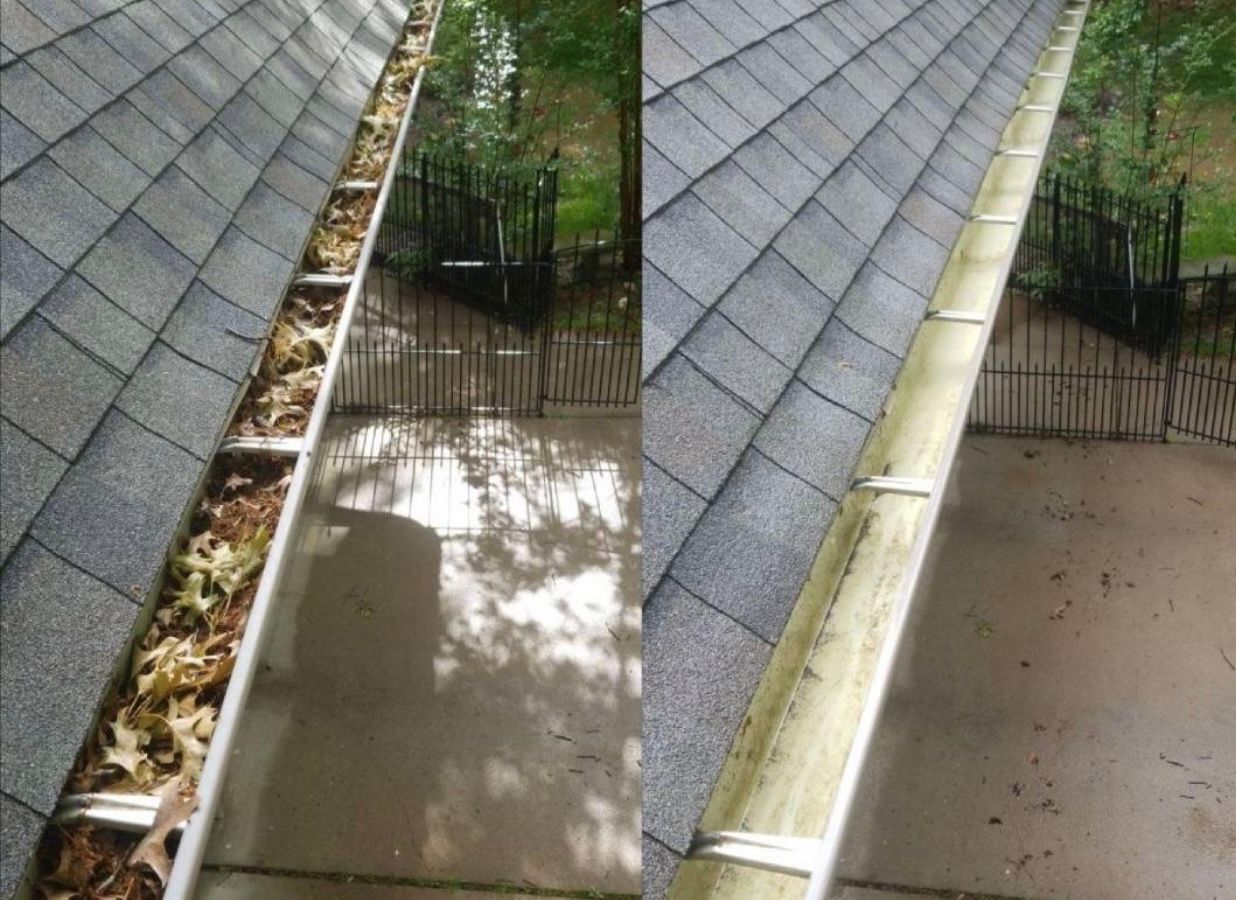 Before and after of a house gutter cleaning. Gutter is filled with leaves on the left, clean on the right.