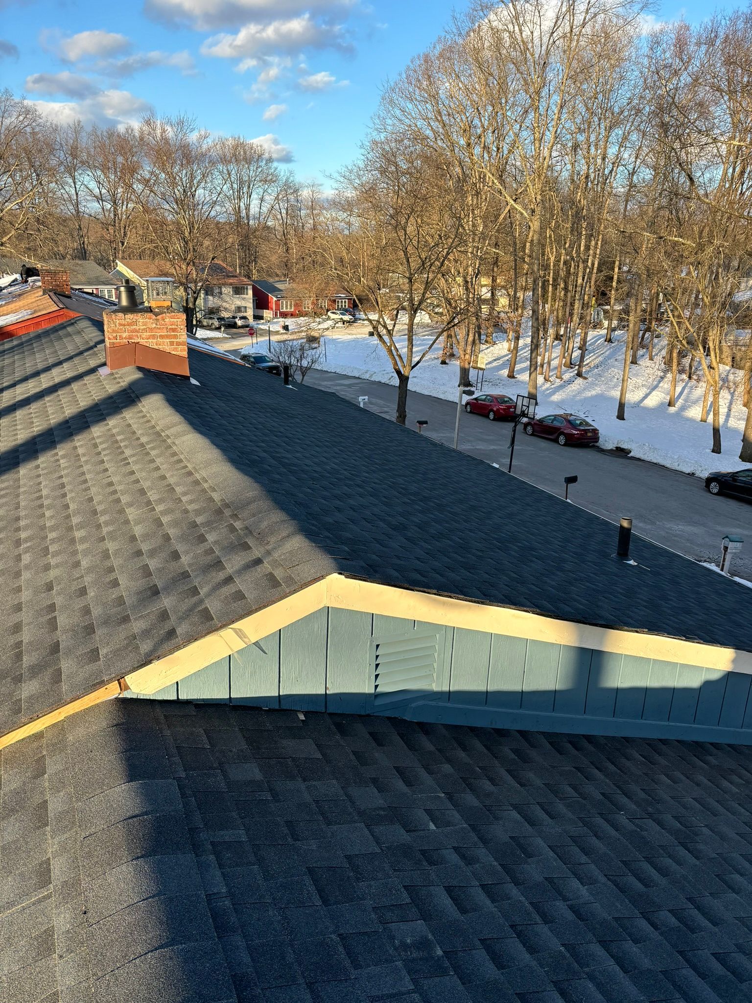 View of a blue-trimmed roof with dark shingles. Street, trees, and snow in the background on a sunny day.