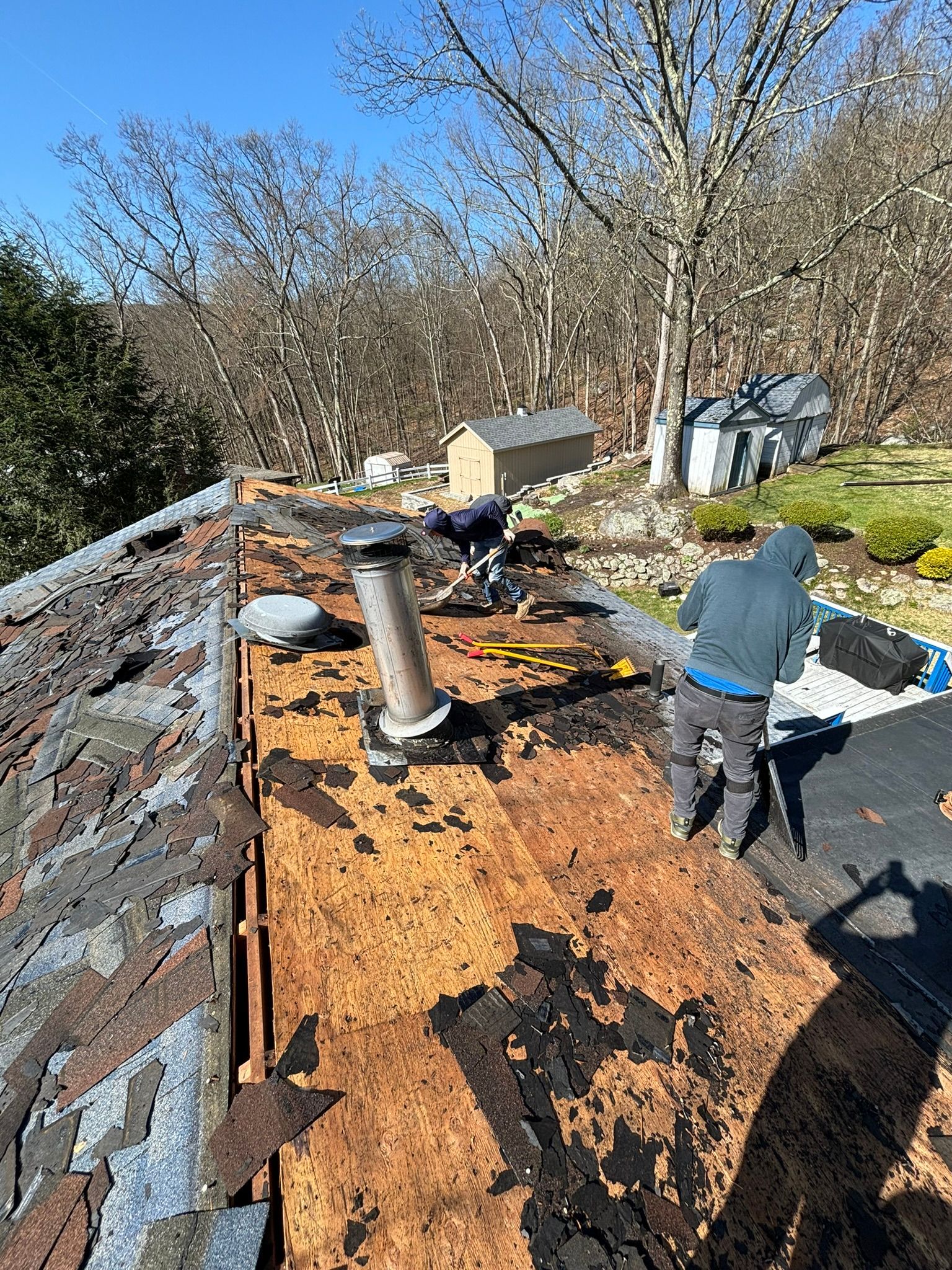 Two workers removing shingles from a weathered roof, sunny day, trees in the background.
