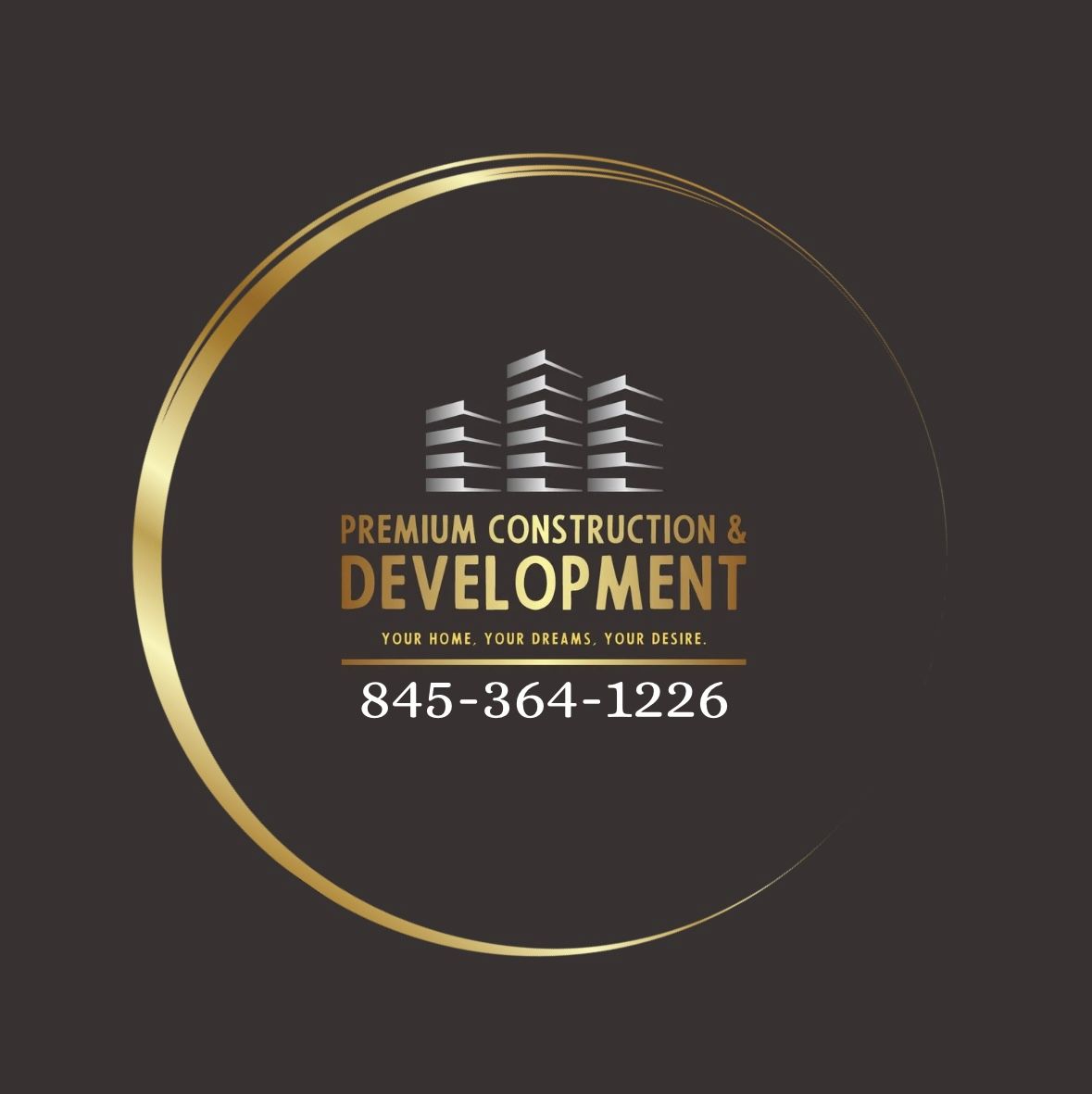 Logo: Gold ring around a brown background with a building icon, company name, and phone number.