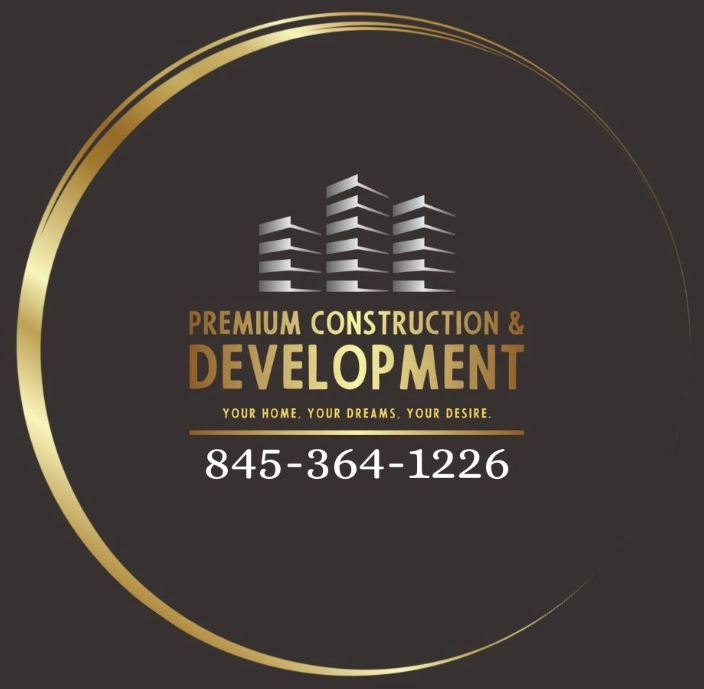 Logo for Premium Construction & Development with building graphic, gold circle, and phone number.