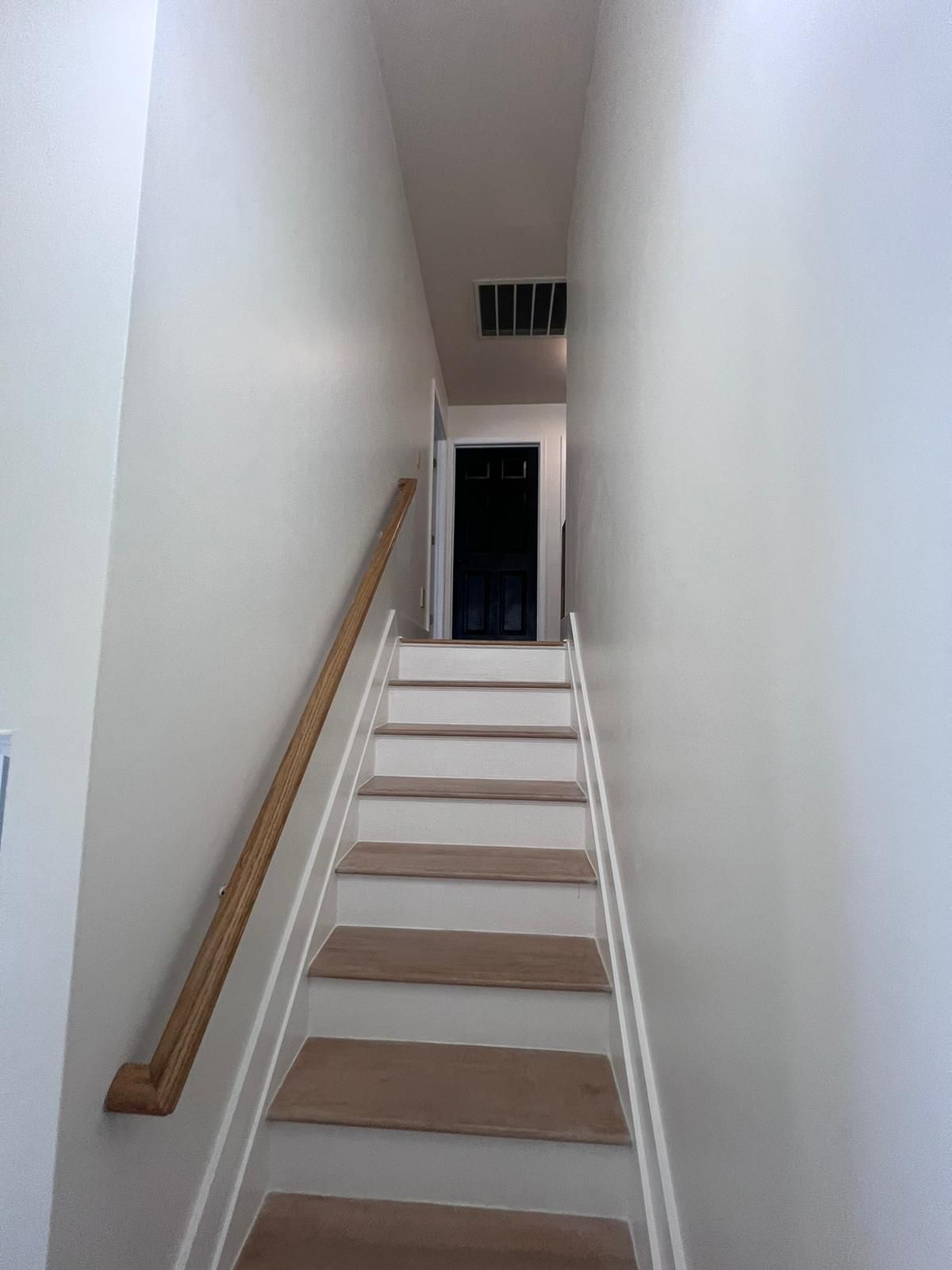 Narrow staircase with beige carpeted steps and a wooden handrail, leading to a dark doorway.
