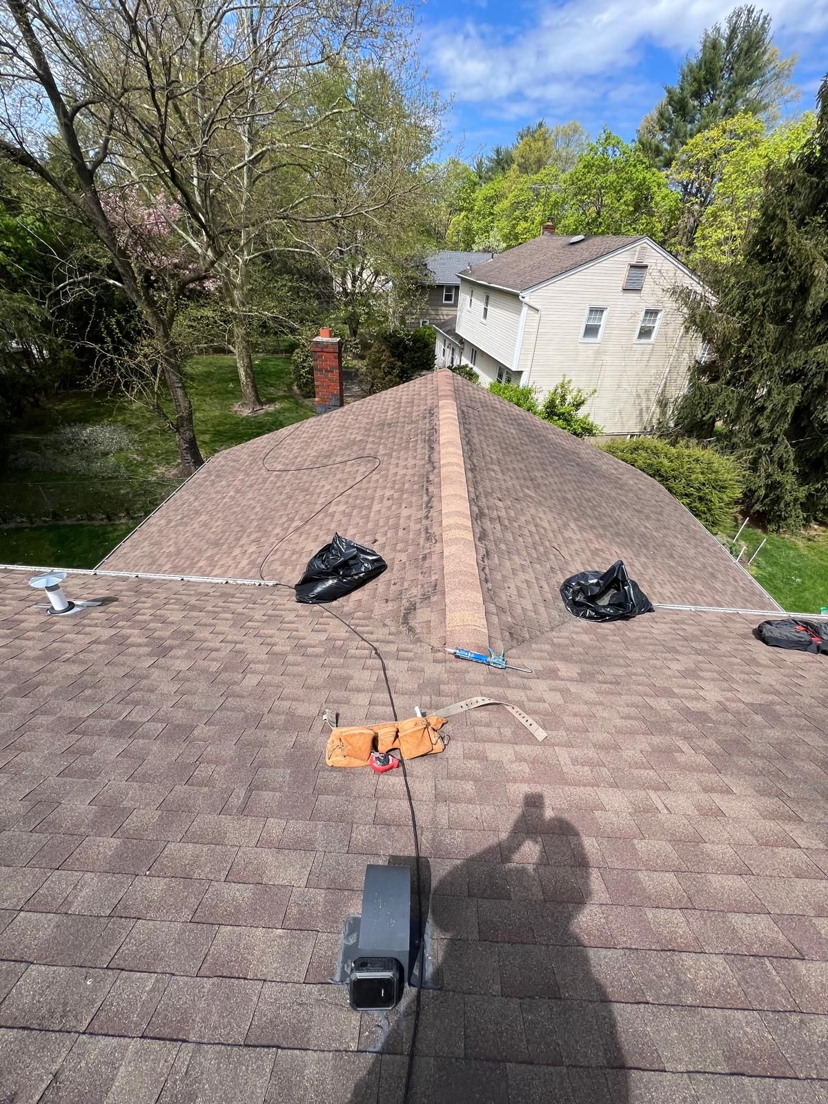 A view of a brown roof with some debris, a chimney, and trees in the background.