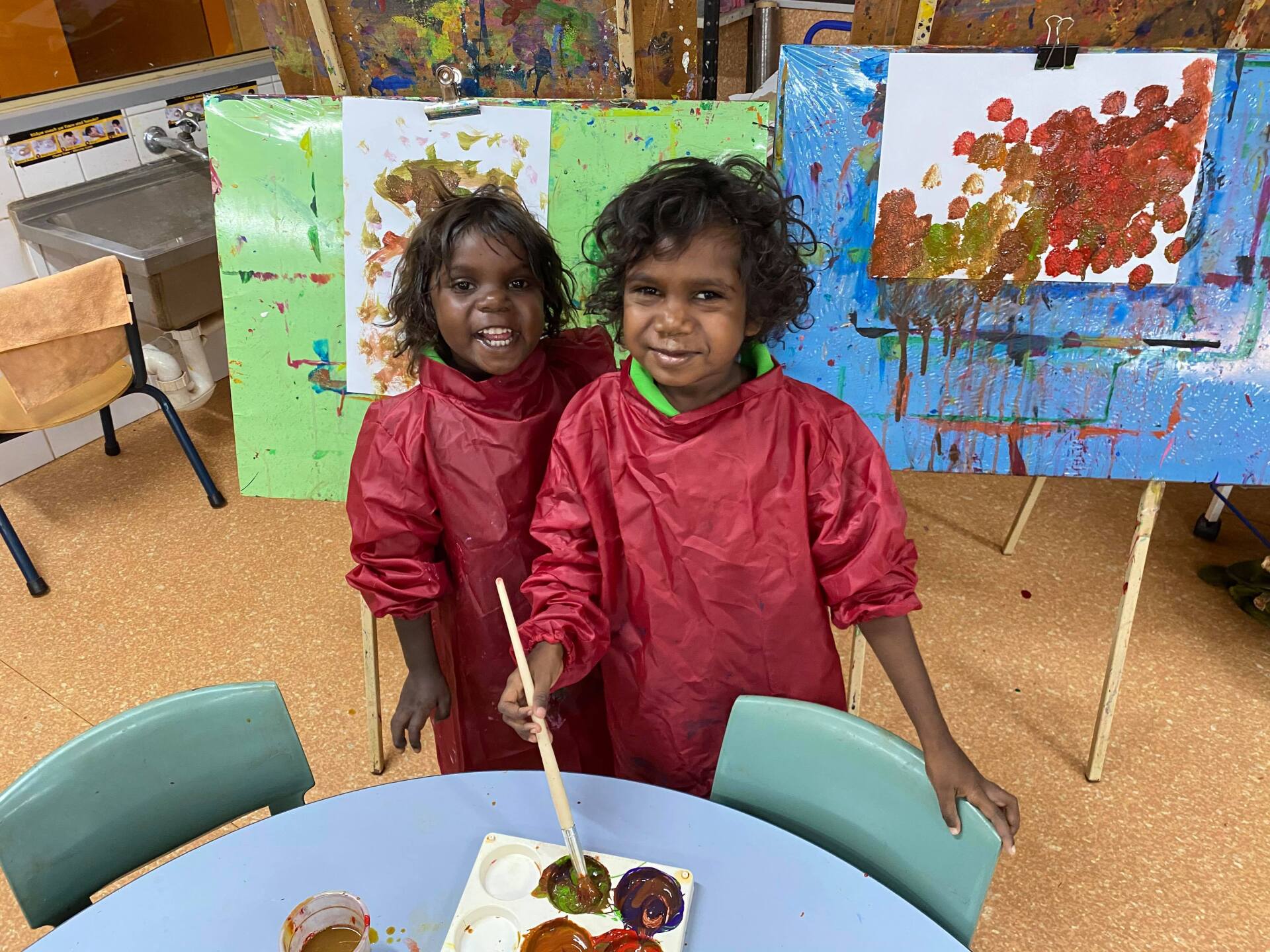 Students painting in the Primary A classroom