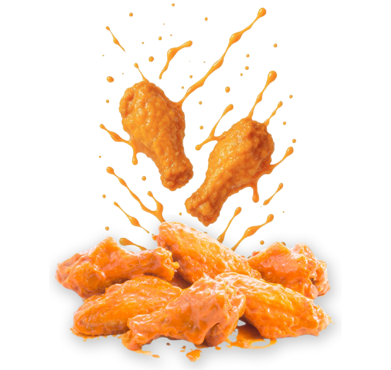 A pile of chicken wings with sauce splashing on them