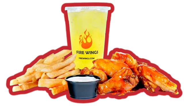 A cup that says fire wings on it next to chicken wings and french fries