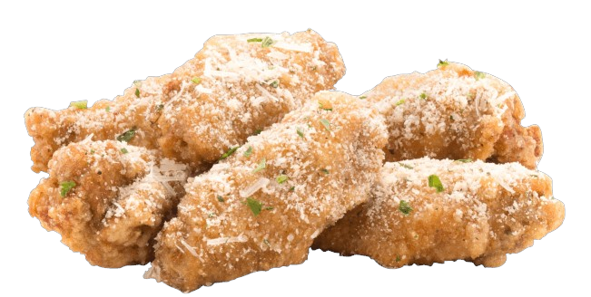 A pile of fried chicken wings with cheese and green onions on a white background.