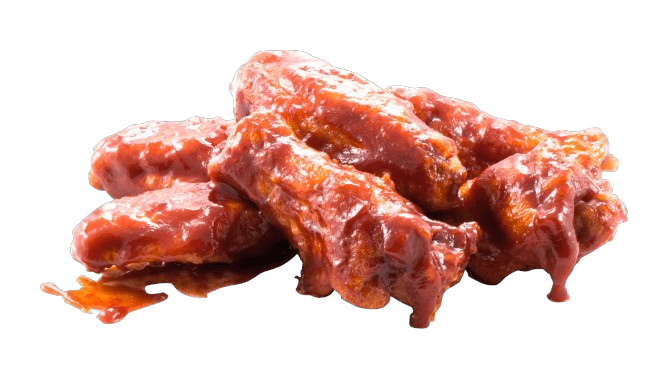 A pile of chicken wings with sauce on a white background.