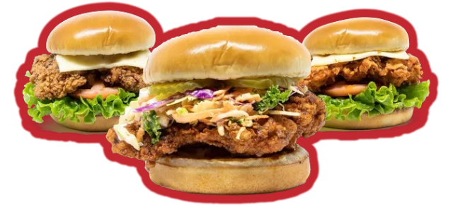 Three chicken sandwiches are sitting on top of each other on a bun.