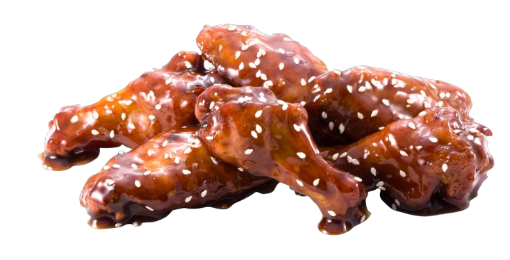 A pile of chicken wings with sesame seeds on a white background.