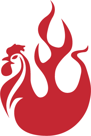 A red rooster is surrounded by flames on a white background.