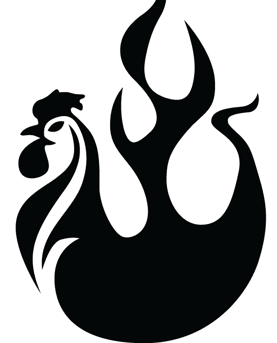 A black and white silhouette of a rooster with flames around it.