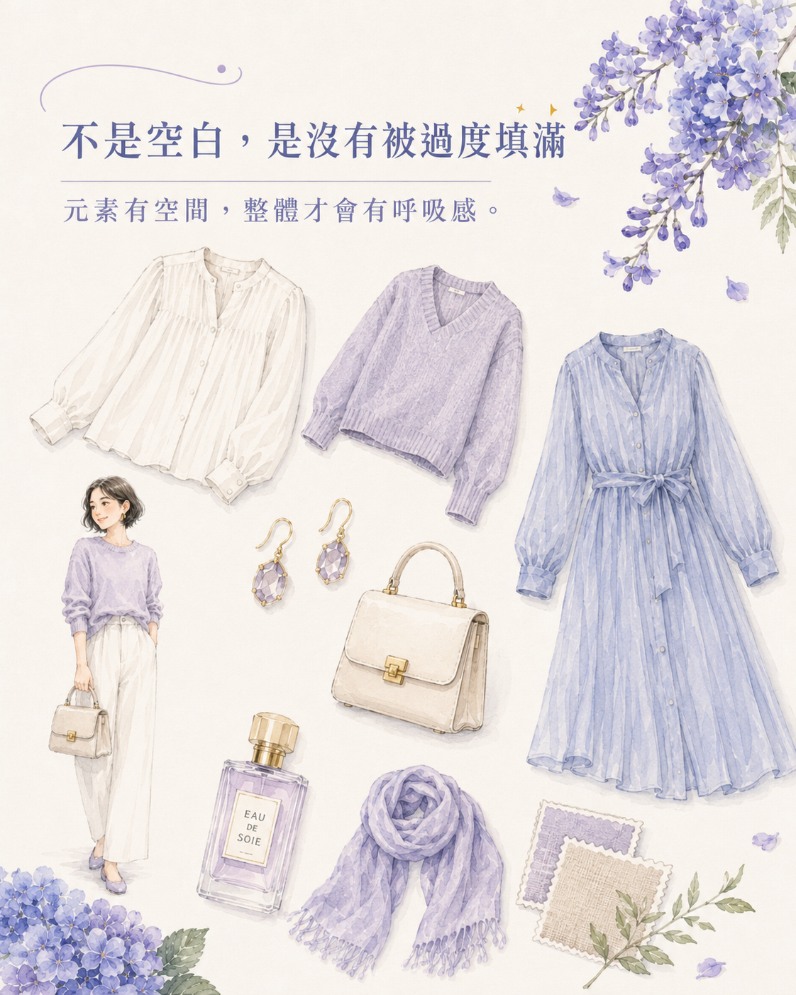 乾淨白襯衫、柔霧針織、細項鍊、留有空間的服裝搭配與藍花楹,呈現留白感不是空白而是比例