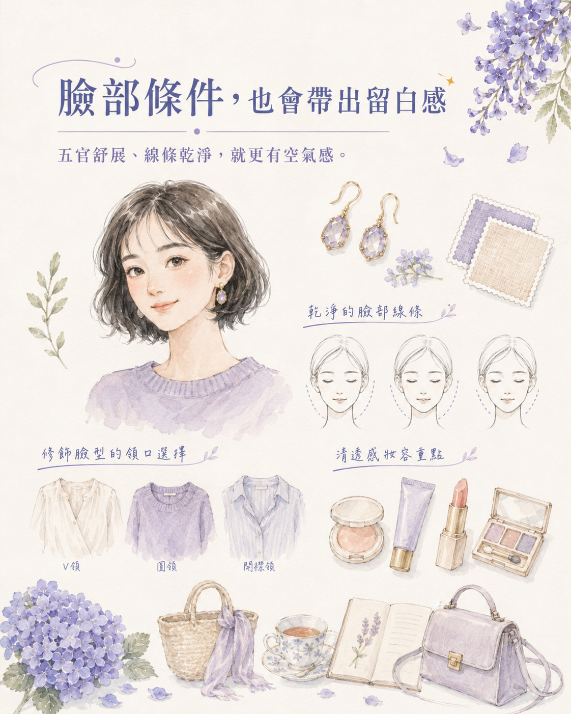 短髮女性水彩臉部草圖旁放著柔和妝感、耳環、領口設計與色票,呈現臉部條件會影響留白感
