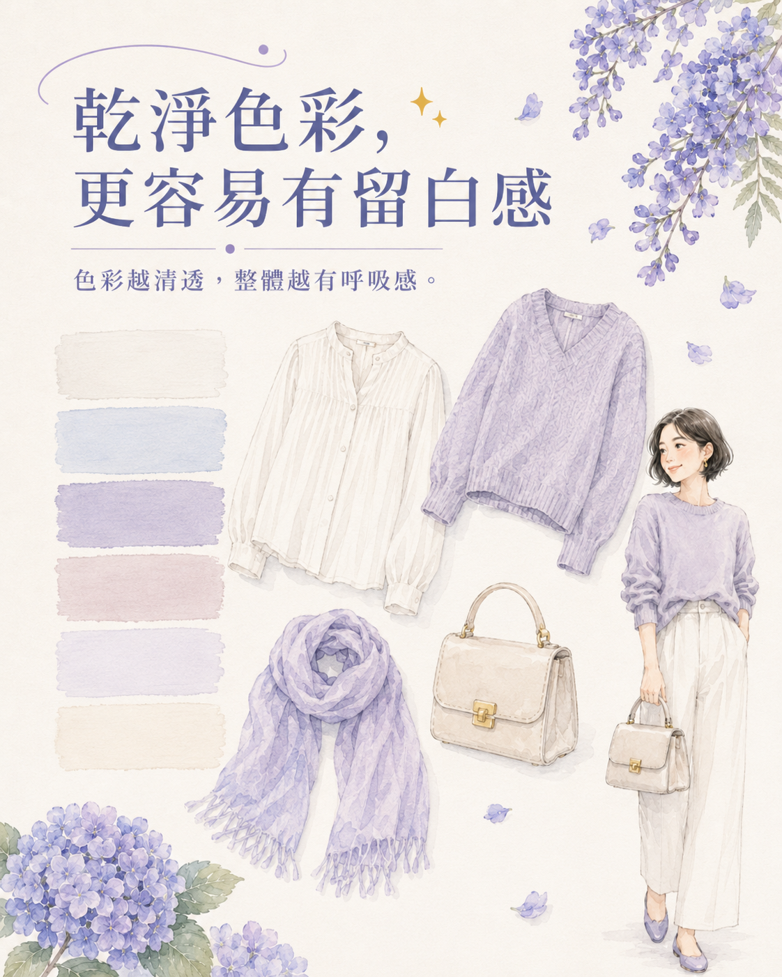 冷白、霧藍、灰粉、薰衣草紫與柔霧色色票排列,搭配柔軟服裝和藍花楹,呈現乾淨色彩容易產生留白感