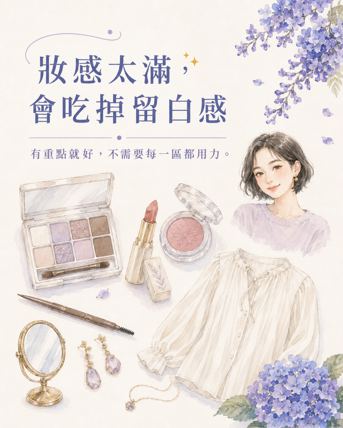 清透底妝、淡腮紅、自然唇色、眉筆與眼影盤放在桌面上,呈現妝感太滿會吃掉留白感