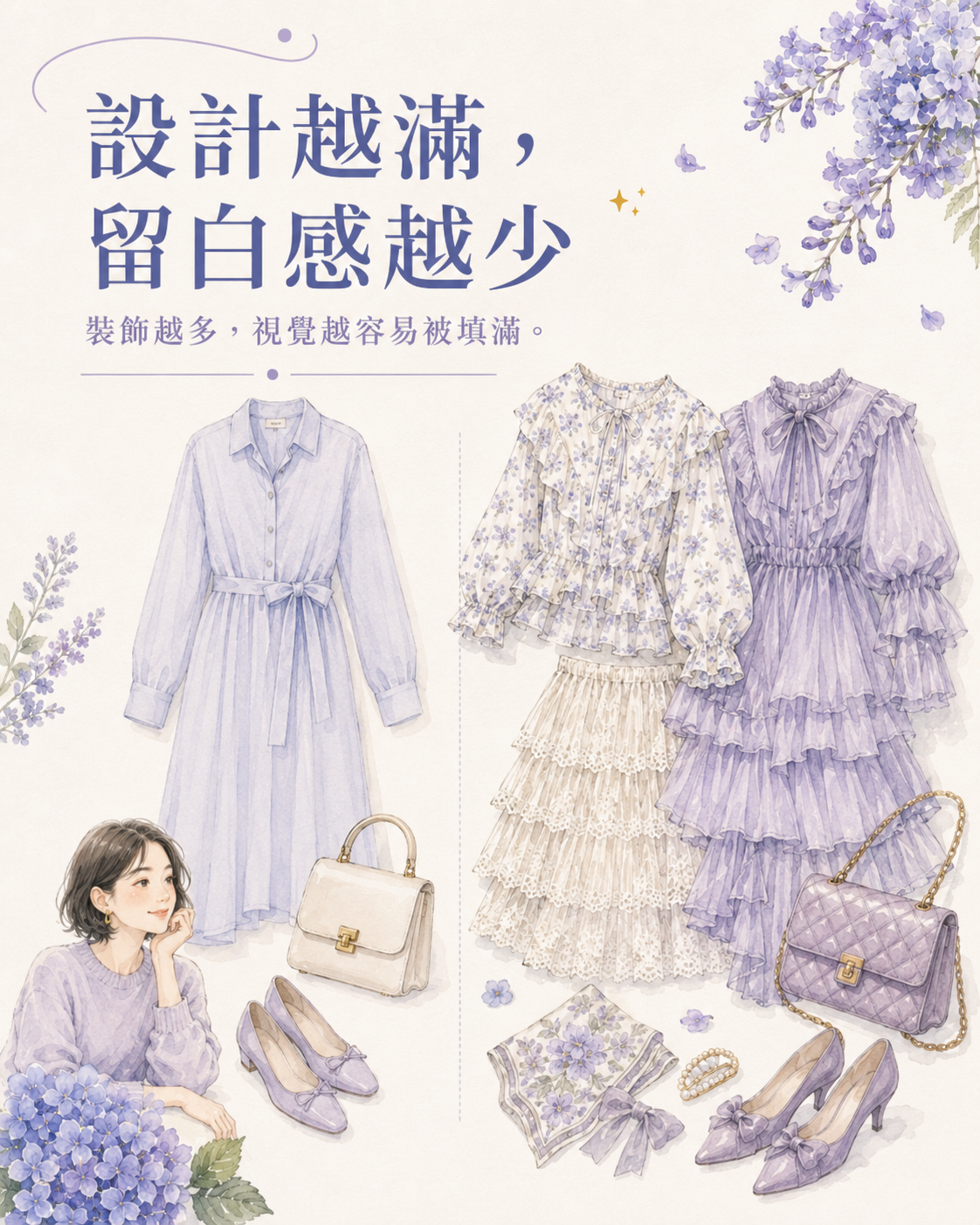 簡潔襯衫、柔和針織與複雜荷葉邊、大圖案服裝並排,呈現服裝設計越滿留白感越少