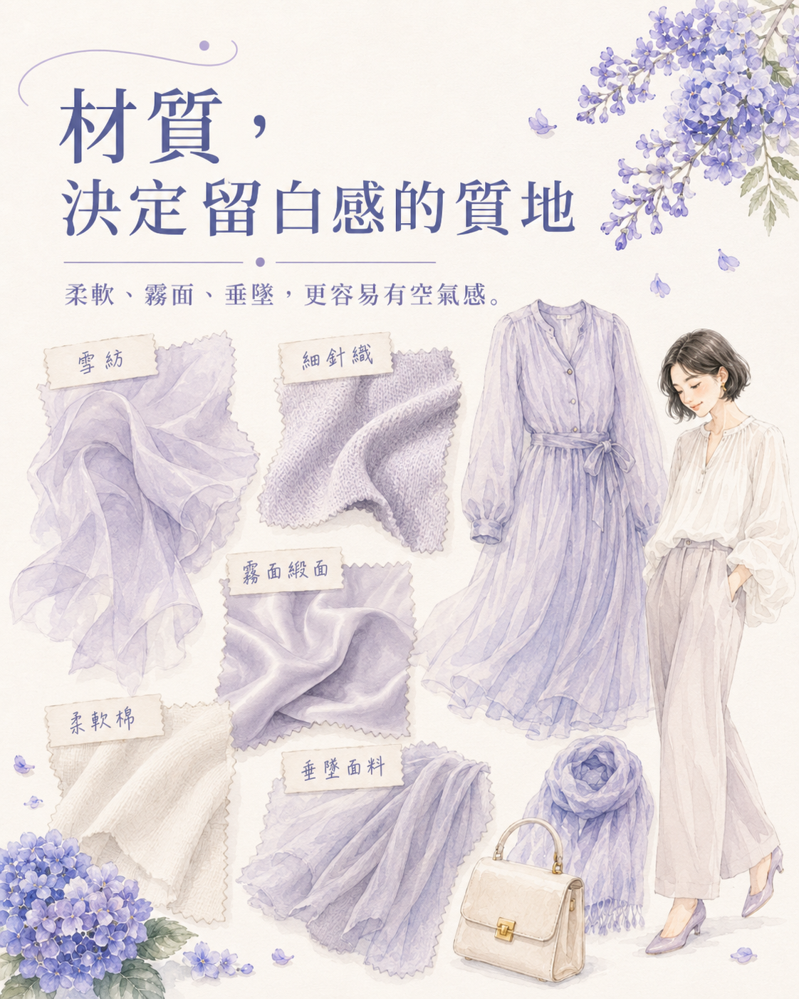 雪紡、細針織、霧面絲質與硬挺皮革、厚重毛呢材質並排,呈現材質會決定留白感的質地