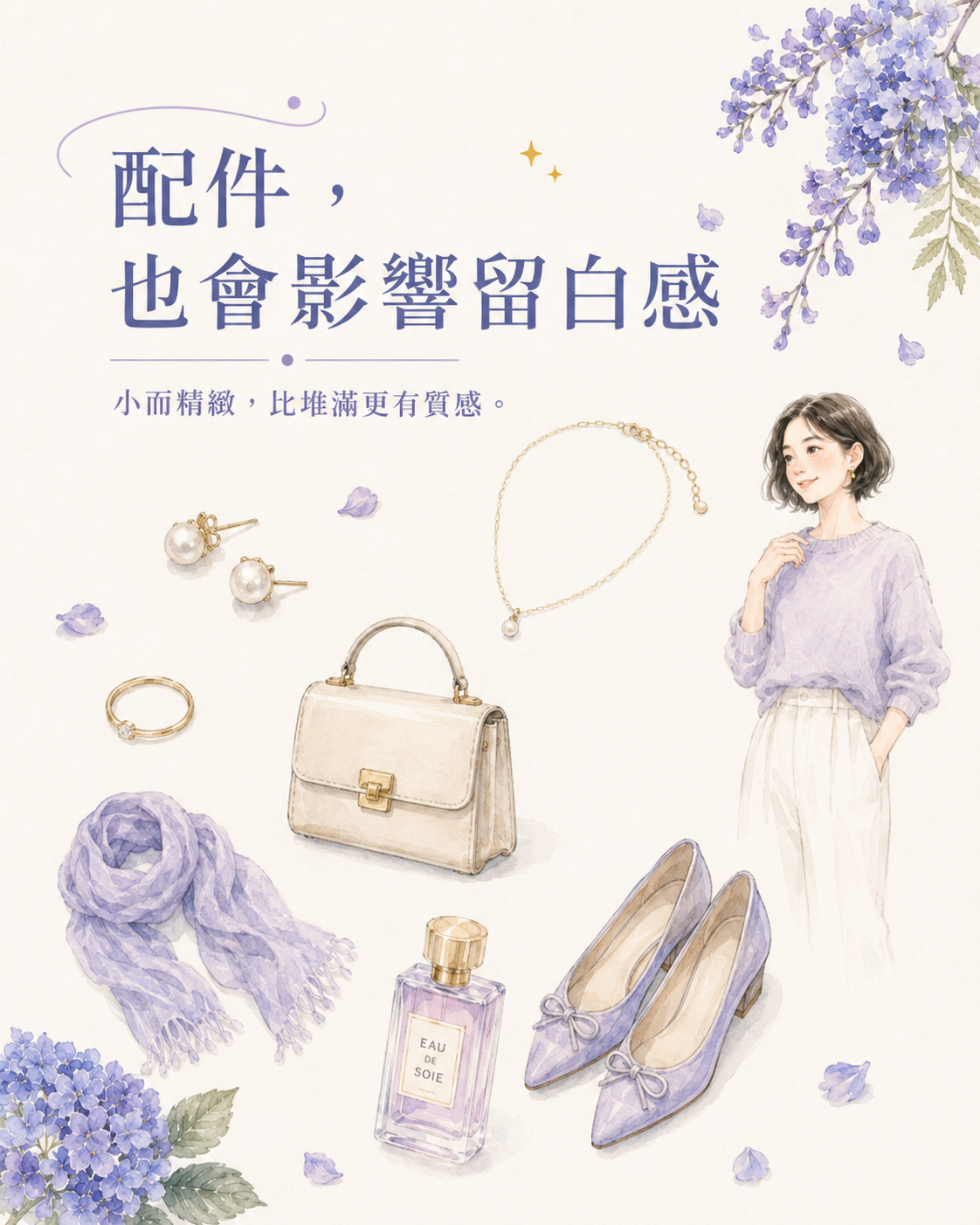 細項鍊、小珍珠耳環、柔和色包包與大型金屬配件並排,呈現配件比例會影響留白感