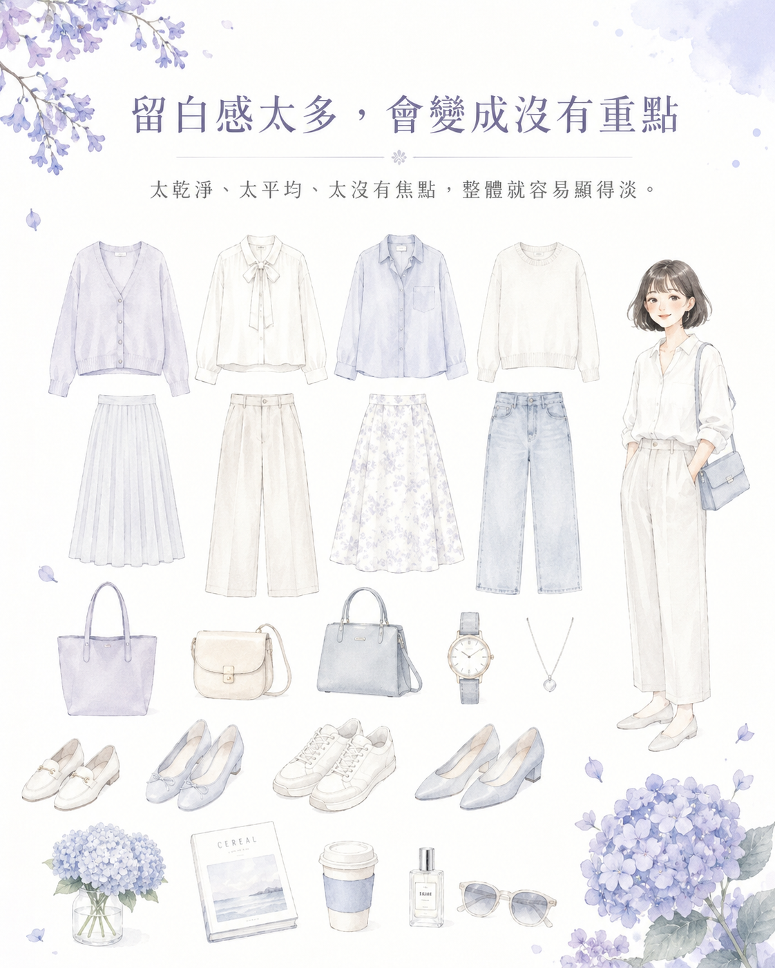 素色衣服、淡色妝容與一個明確重點配件放在一起,呈現留白感太多時需要視覺重點