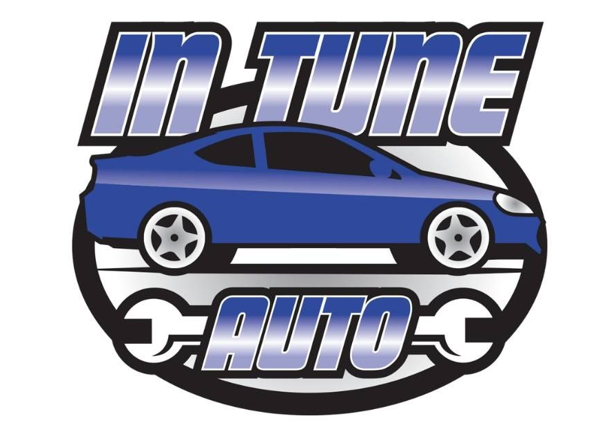 Logo for "In Tune Auto": blue car with text on a black and white background.