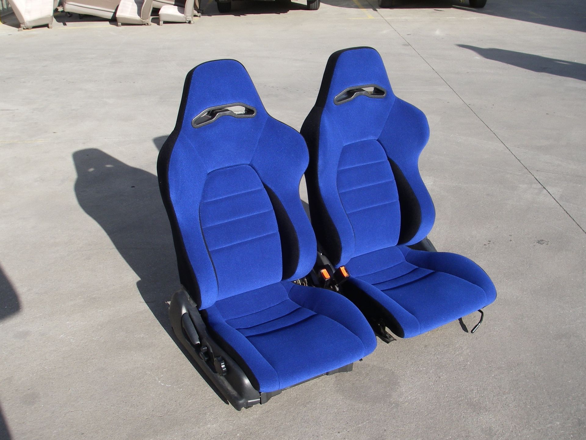 Black and blue velour race seats