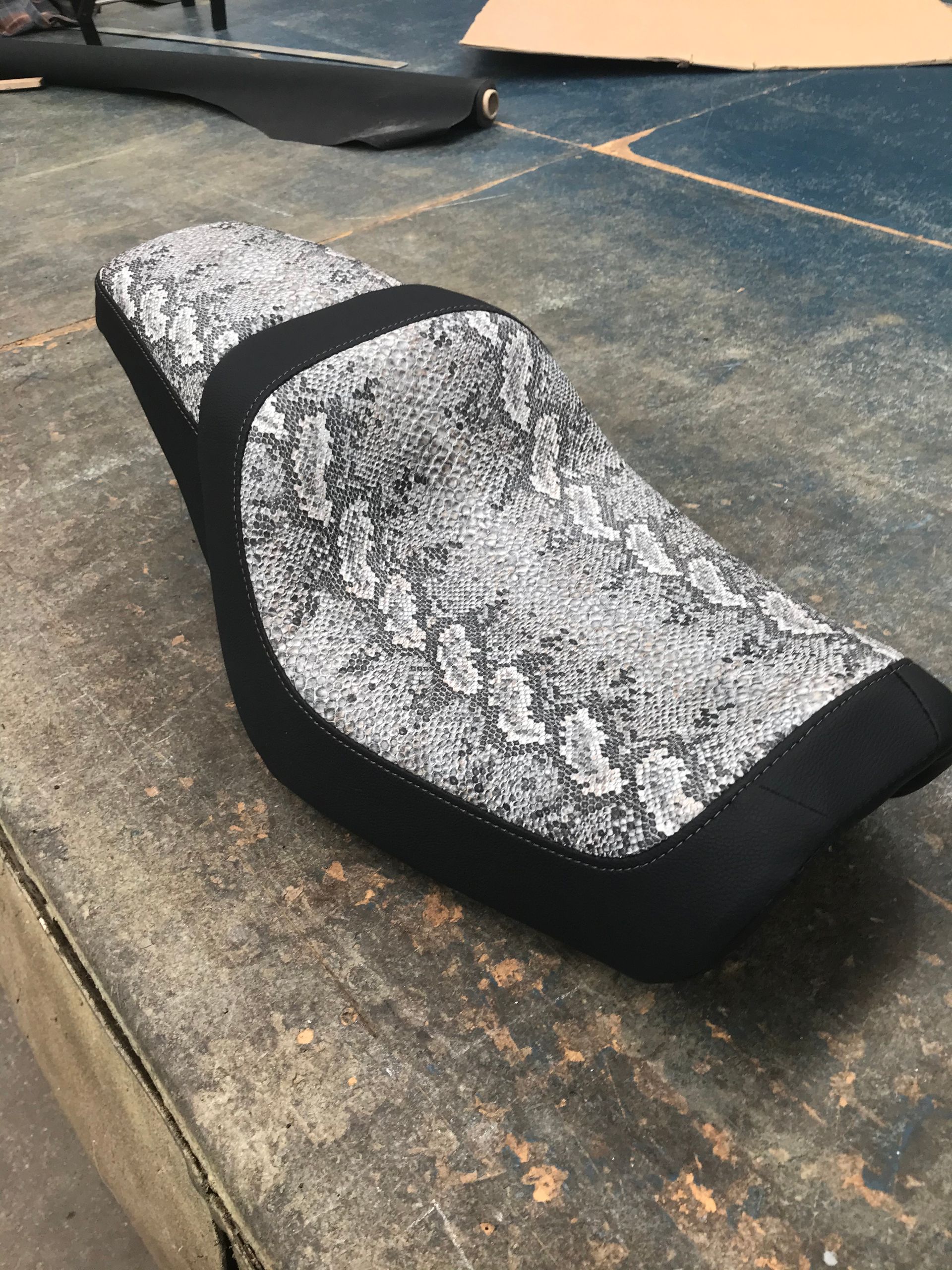 Black vinyl and grey snake skin custom motorbike seat