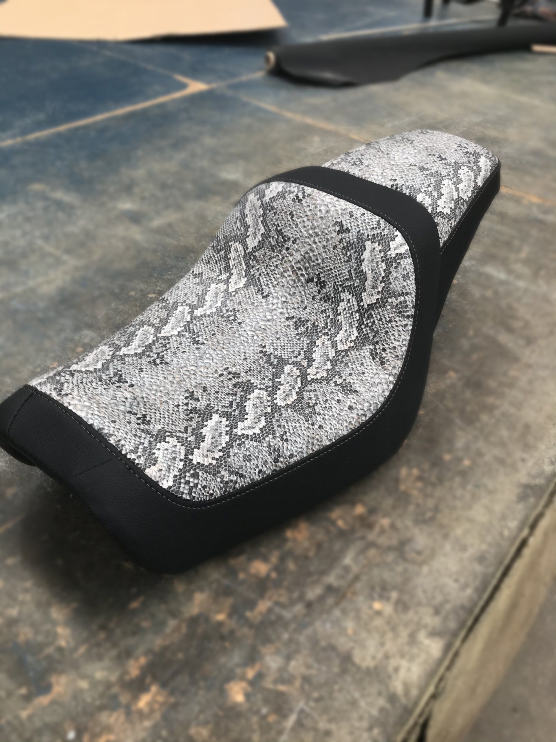 Black vinyl and grey snake skin custom motorbike seat