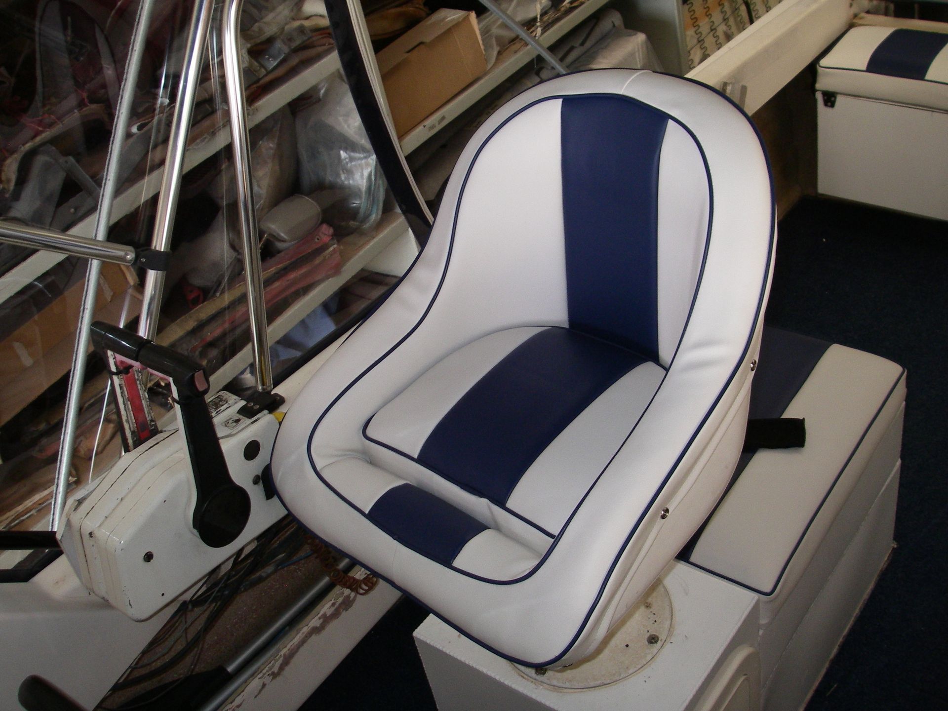 Boat blue and white vinyl bucket seat
