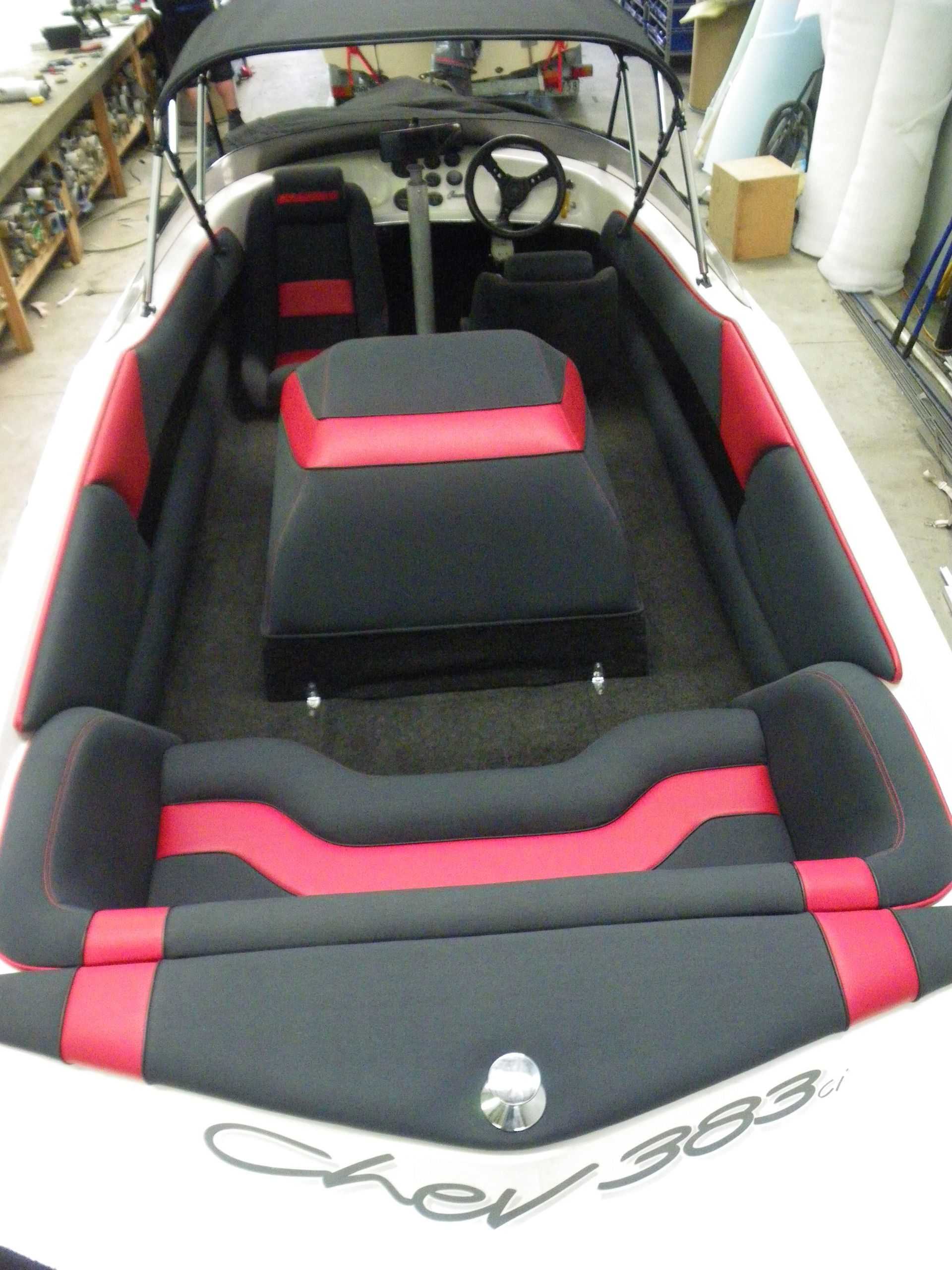 Camero ski boat interior, carpet and bimini