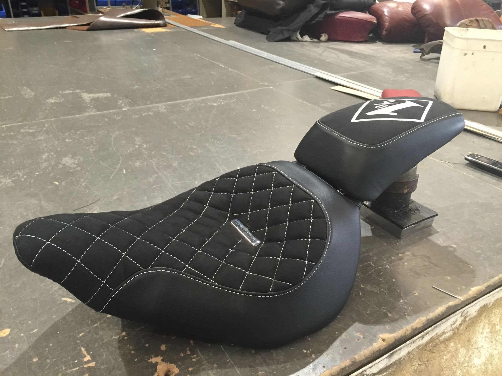 Cross stitch leather and suede Harley seat