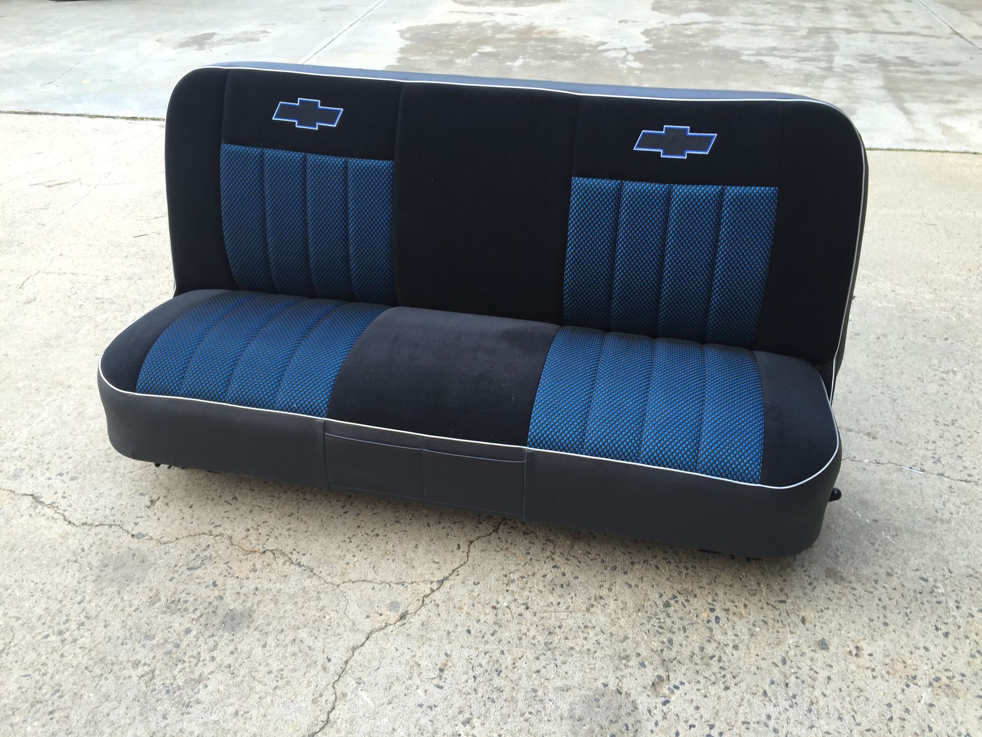 Custom Chevy bench seat black and blue velour