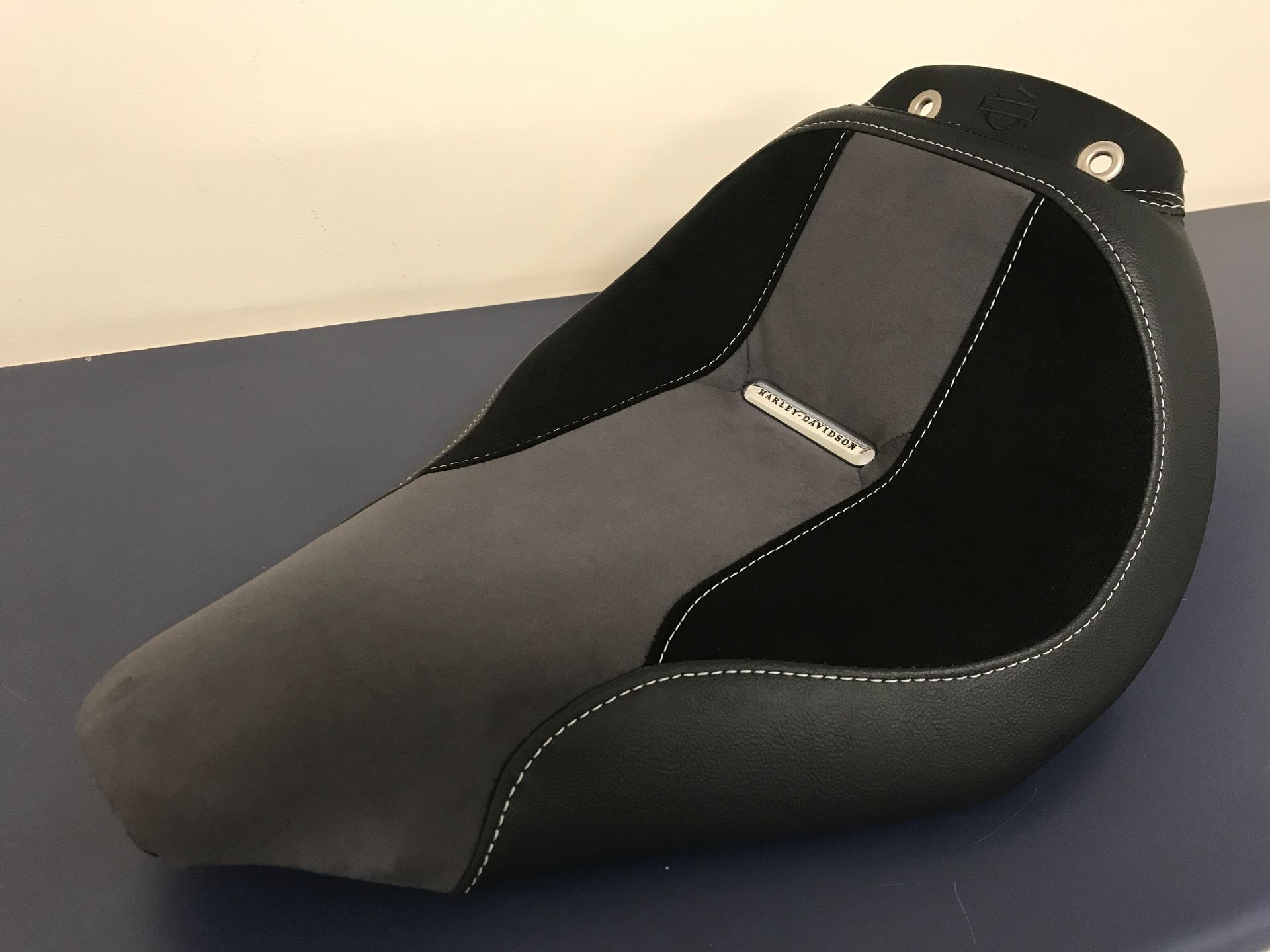 Custom Harley Davidson seat black vinyl with charcoal and grey suede