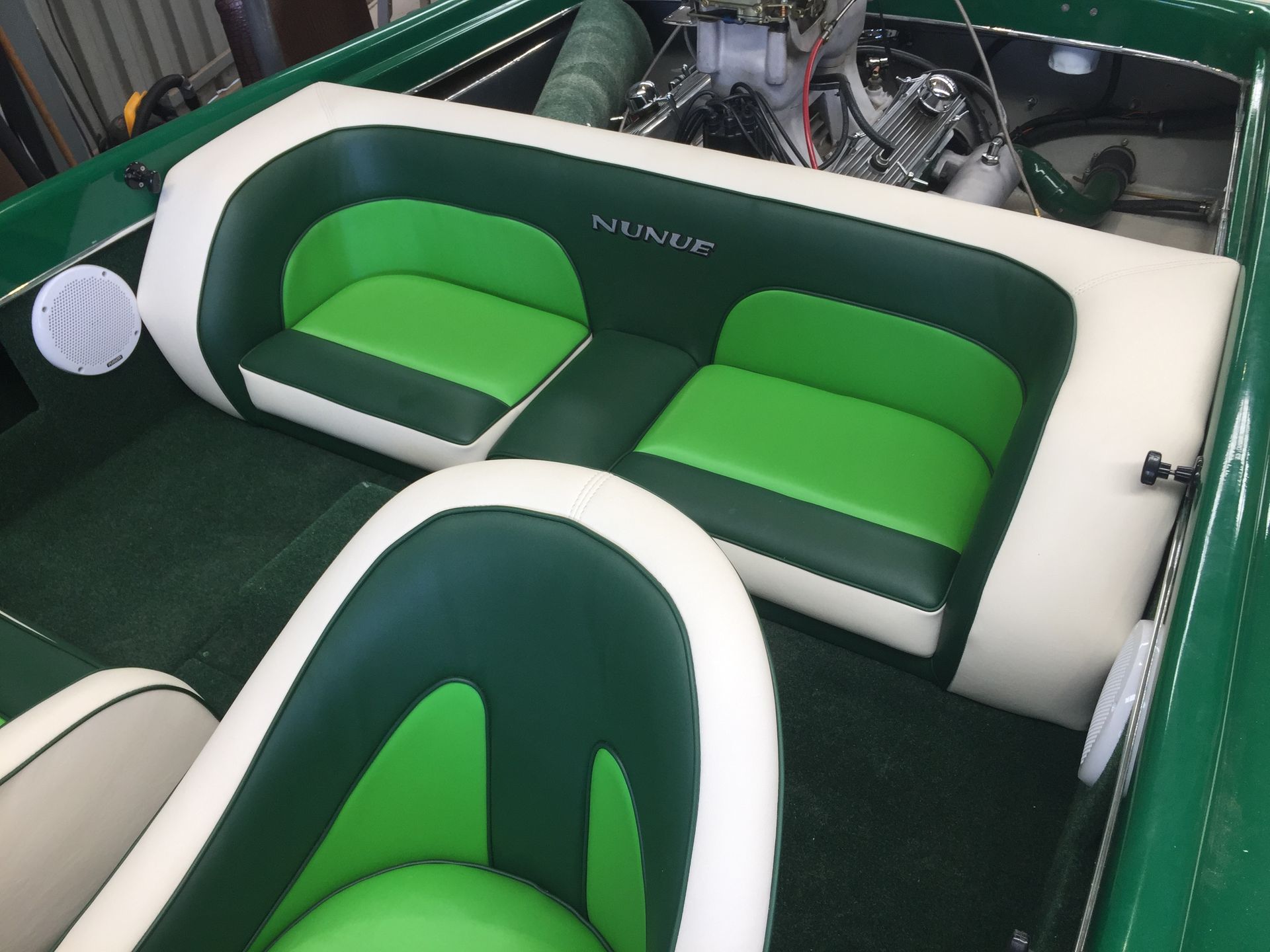 Green retro ski boat interior