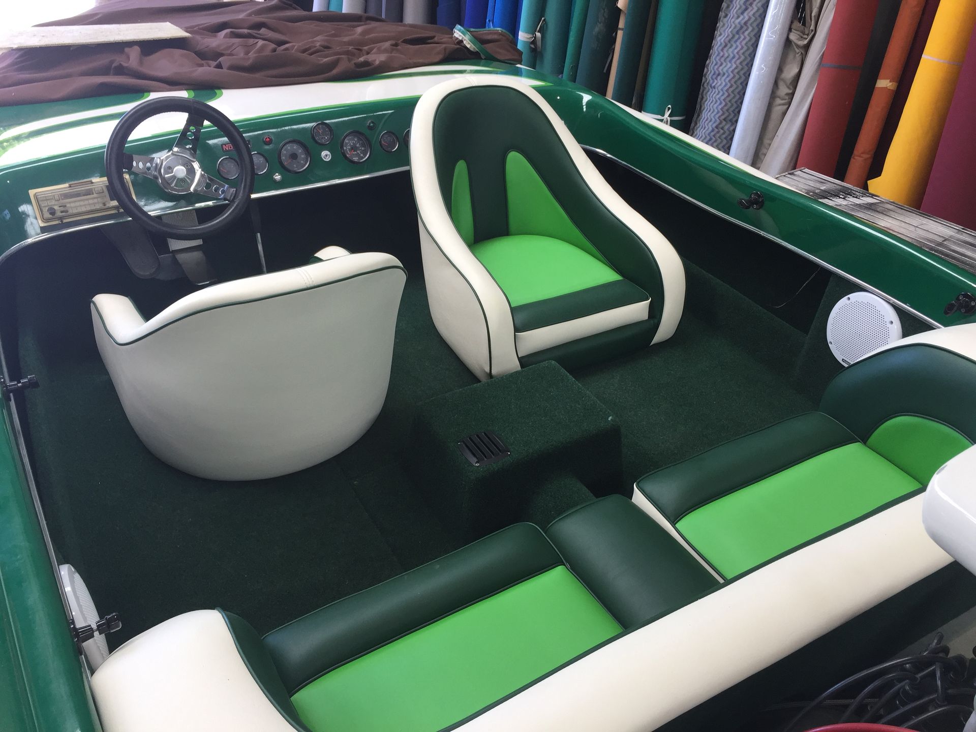 Green retro ski boat interior