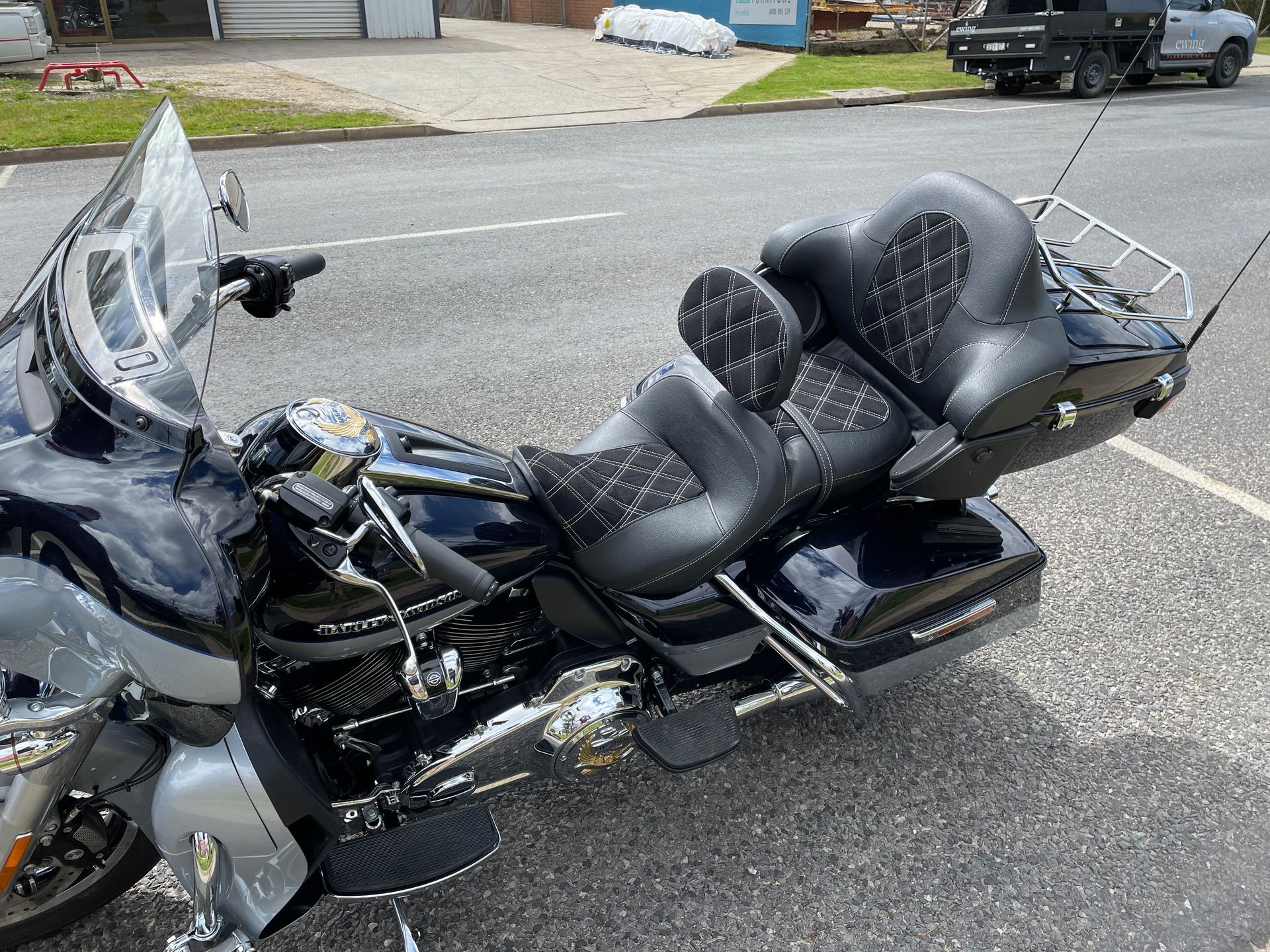 Harley Davidson custom black seats with black suede cross stitch inserts
